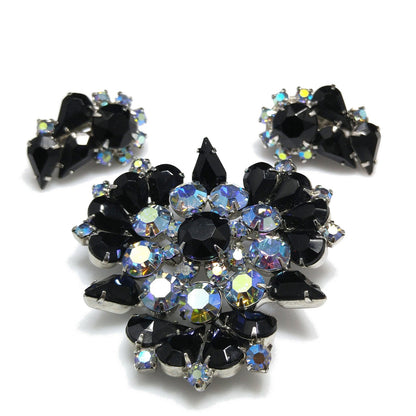 Black Aurora Borealis Brooch & Earrings, Rhodium Plated, 1960s Vintage Jewelry