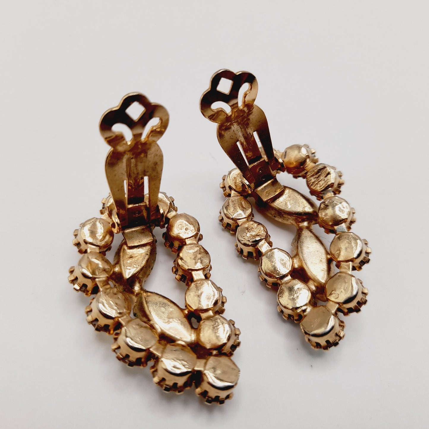 Vintage Aurora Borealis Rhinestone Clip Earrings 1950s Ear Climber Gold Tone