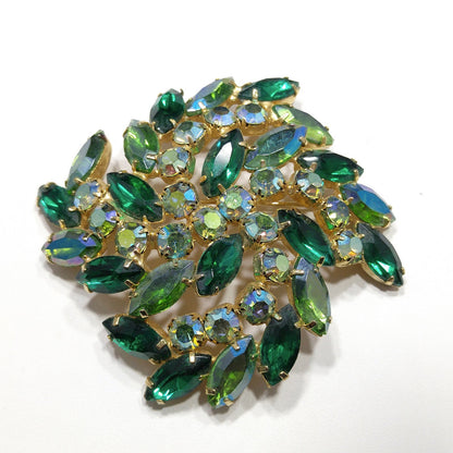 Green Aurora Borealis Rhinestone Brooch, Gold Plated, 1960s Vintage Jewelry