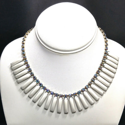 White Lucite Blue Aurora Borealis Rhinestones Necklace, Egyptian Revival Mid-Century, 1960s Vintage Jewelry