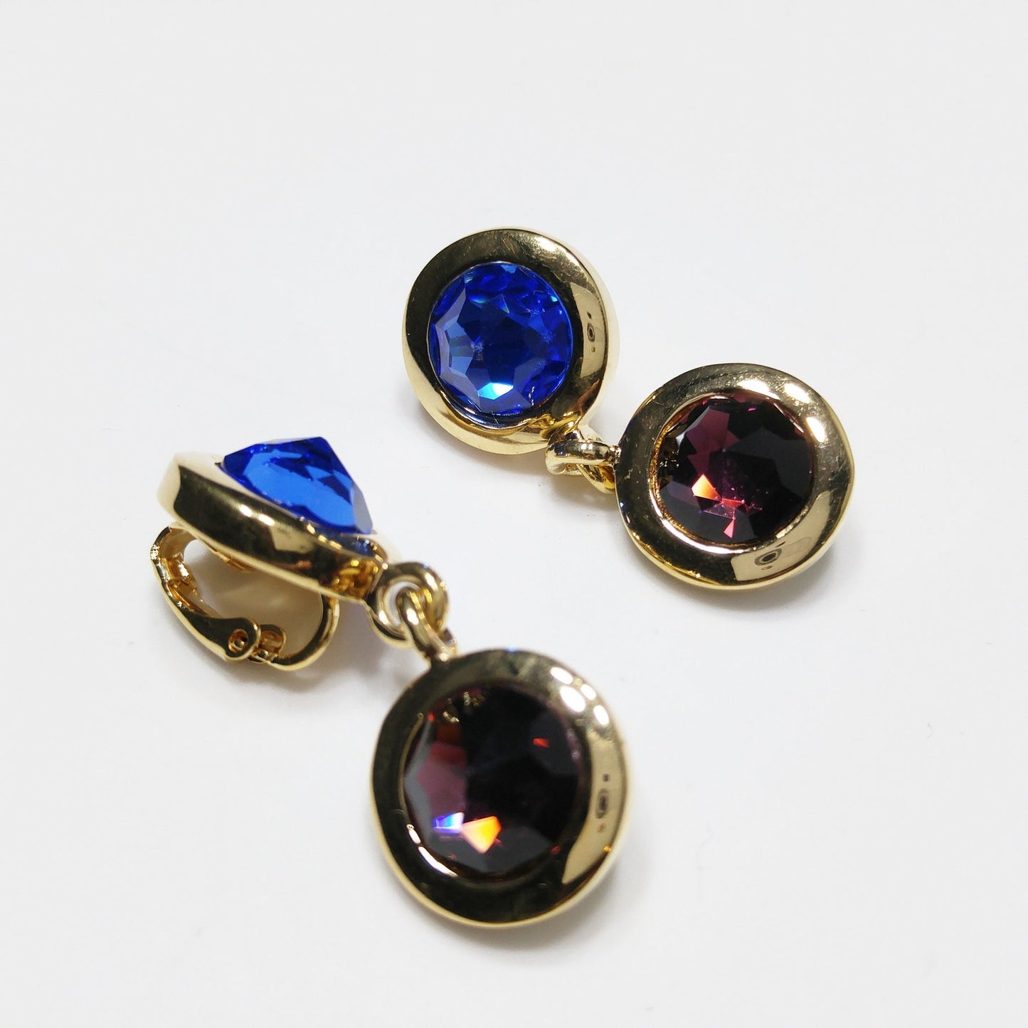 Swarovski Gold Plated Drop Earrings, Blue Green Purple Crystals, Vintage 1990s Swan Logo