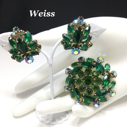 Vintage Weiss Emerald Green Brooch & Earrings, Aurora Borealis, Gold Plated