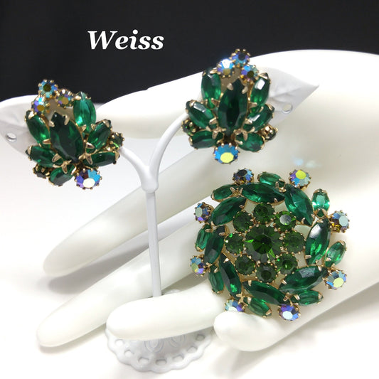 Vintage Weiss Emerald Green Brooch & Earrings, Aurora Borealis, Gold Plated