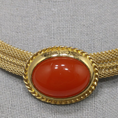 Trifari Orange Lucite Cabochon Necklace, Gold Plated Mesh, 1970s Vintage Jewelry