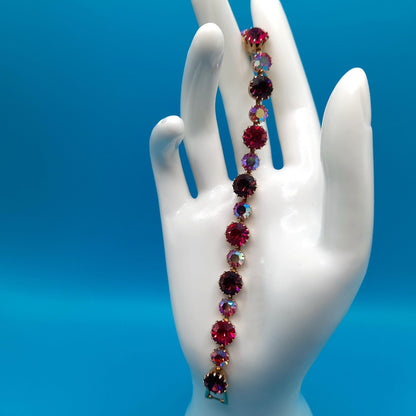 Vintage Weiss Hot Pink Purple Bracelet, Aurora Borealis Rhinestones, 1960s Vintage Jewelry