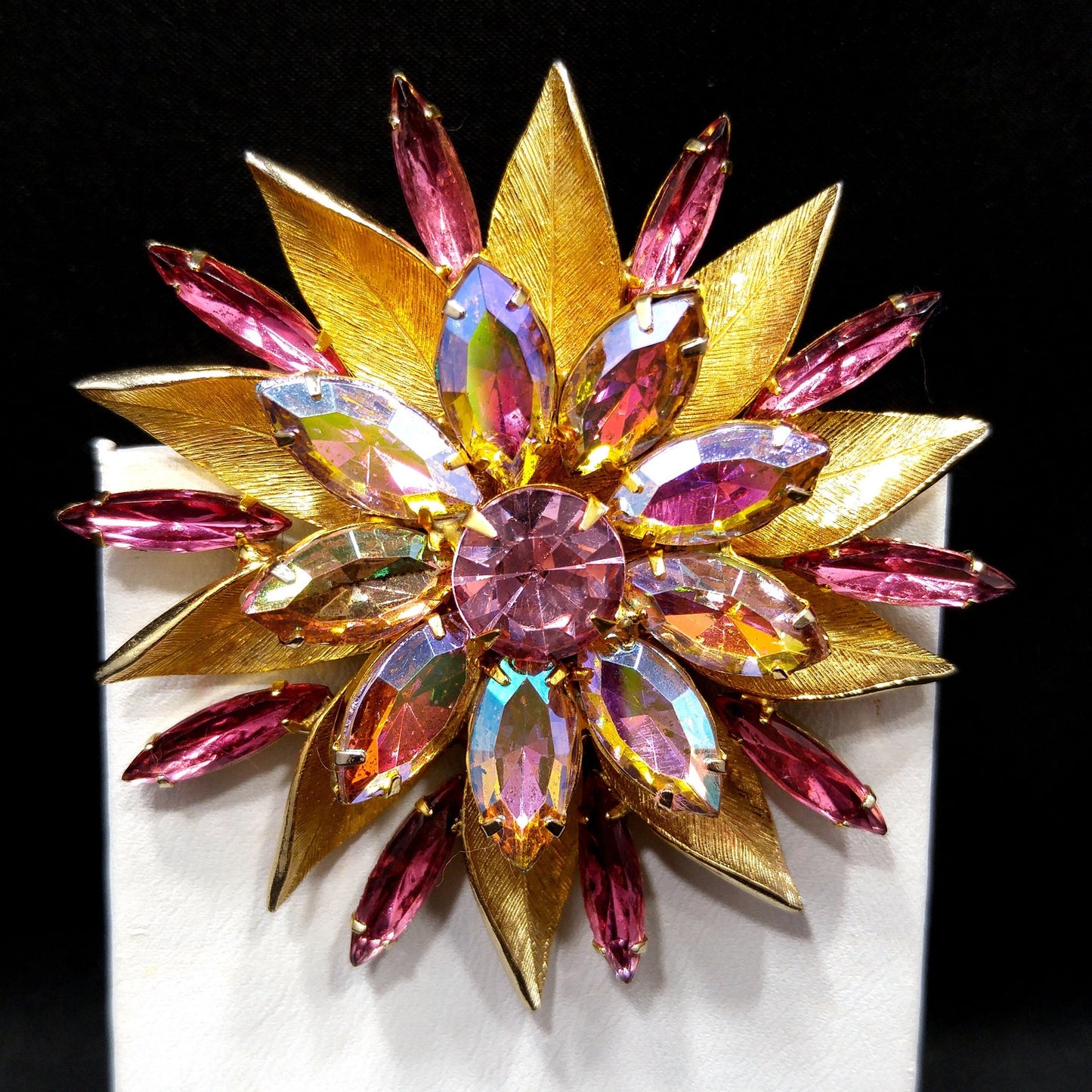 Pink Aurora Borealis Flower Brooch, Gold Plated, Light Dark Pink Rhinestones, 1960s Vintage Jewelry