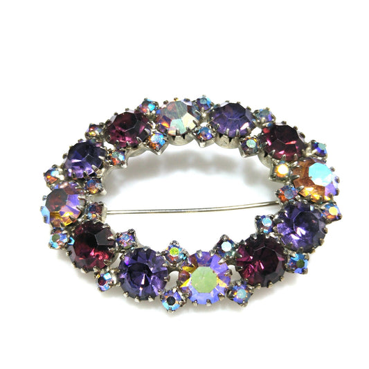 Oval Purple Aurora Borealis Lavender Rhinestone Brooch, Dog-toothed Prong Set, 1960s Vintage Jewelry