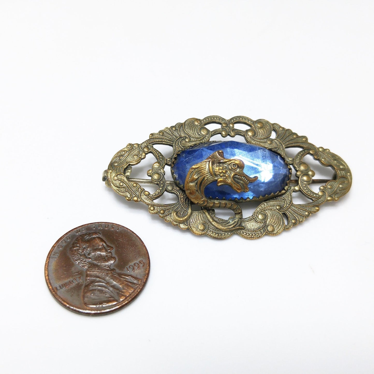 Antique Art Nouveau Brass Dragon Brooch Blue Glass Jewel Open C Clasp 1910s