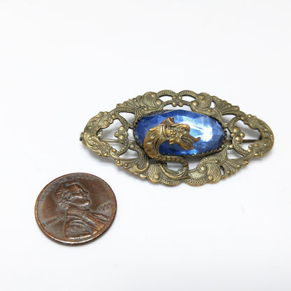 Antique Art Nouveau Brass Dragon Brooch Blue Glass Jewel Open C Clasp 1910s