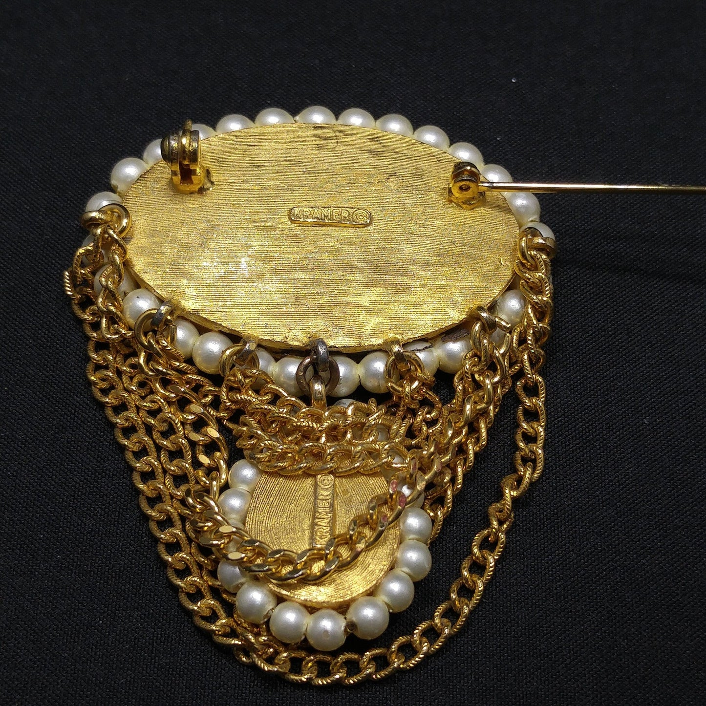 Kramer Gold Plated Dangle Brooch, Faux Pearls, 1950s Vintage Jewelry