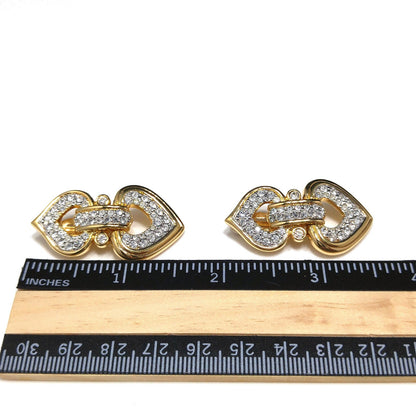 Swarovski Swan Logo Gold Plated Heart Drop Clip Earrings Clear Pave Crystals 90s