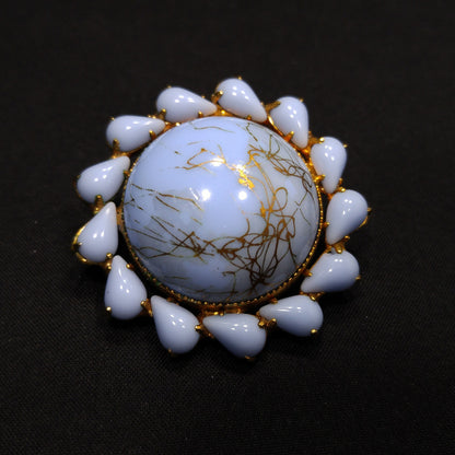 Weiss Light Blue & Gold Marbled Art Glass Earrings, Gold Plated, 1950s Vintage