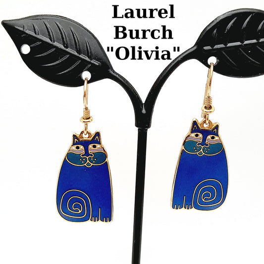 Vintage Laurel Burch Olivia Blue Cat Earrings Gold Plated