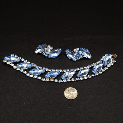 Light Blue Rhinestone Bracelet & Clip Earrings, Rhodium Plated, Ear Climbers, 1960s Vintage Jewelry