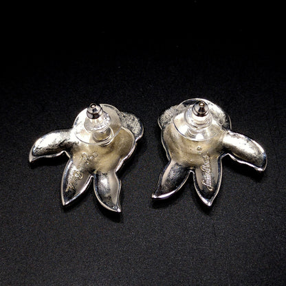 Vintage Laurel Burch Deco Rose Earrings, Rhodium Plated, Black Enamel, 1980s