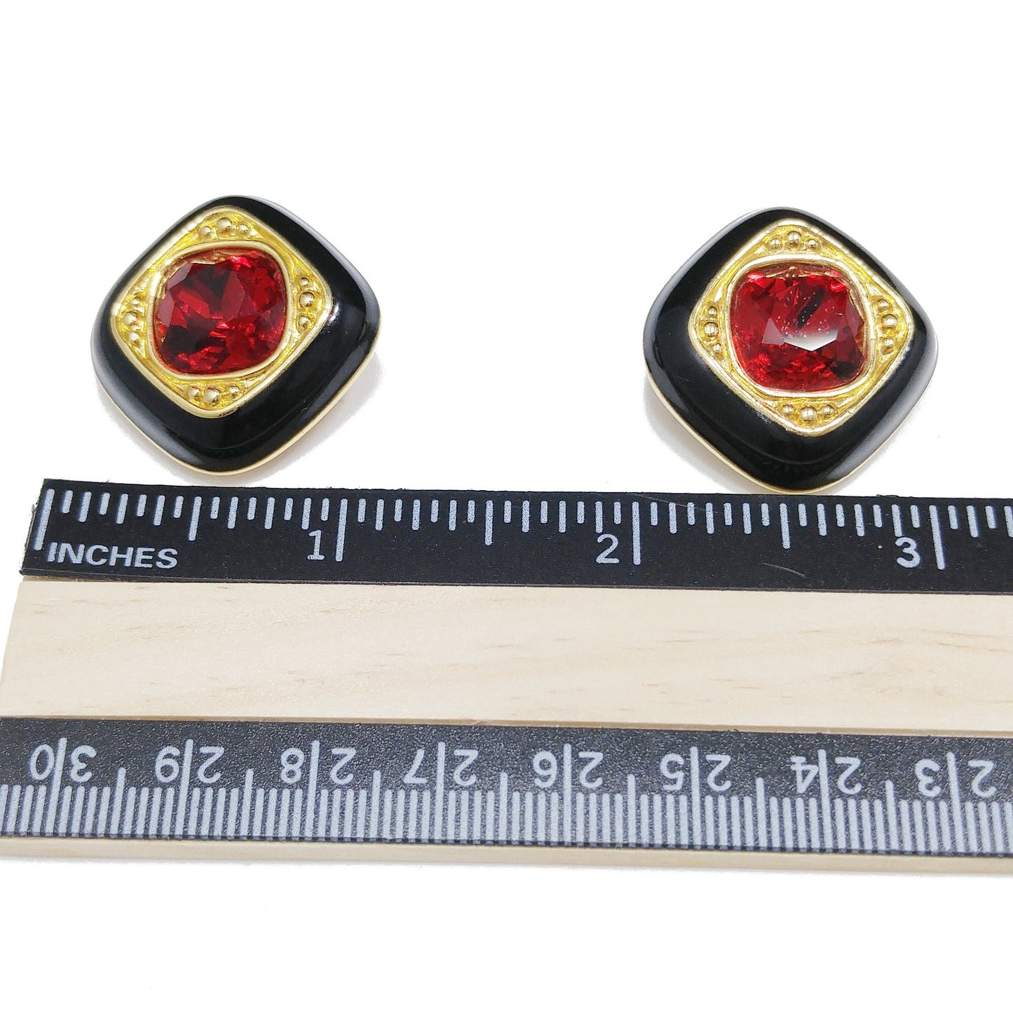 Vintage Swarovski Clip Earrings – Black Enamel & Red Crystal, Gold Plated 1980s