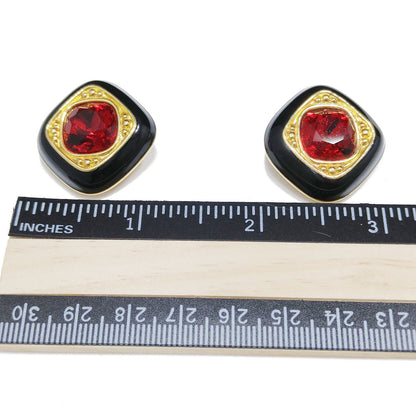Vintage Swarovski Clip Earrings – Black Enamel & Red Crystal, Gold Plated 1980s