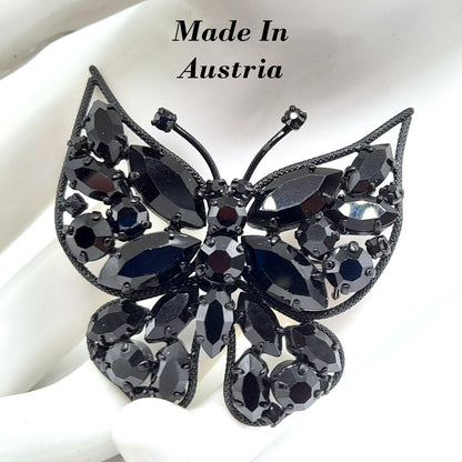 Vintage Butterfly Brooch, Japanned Black Enamel, Made in Austria, 1950s
