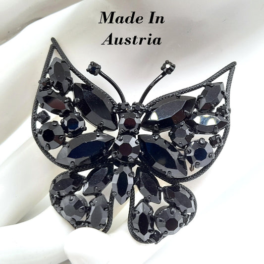 Vintage Butterfly Brooch, Japanned Black Enamel, Made in Austria, 1950s