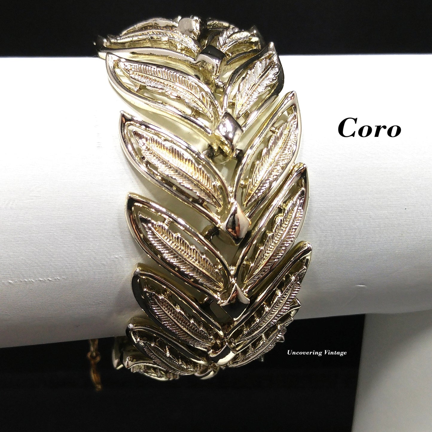 Coro Pegasus Leaves Wide Bracelet, Gold Plated, Safety Chain, 1950s Vintage Jewelry