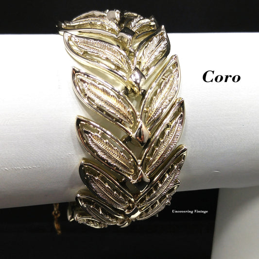 Coro Pegasus Leaves Wide Bracelet, Gold Plated, Safety Chain, 1950s Vintage Jewelry