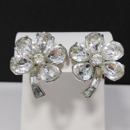 Bogoff Clear Rhinestone Floral Earrings, Rhodium Plated, Wedding Earrings, 1950s Vintage Jewelry