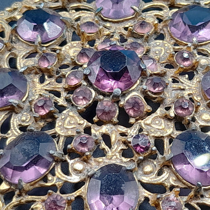 Vintage 1930s Purple Glass Brooch Pendant, Pot Metal, 3 1/2 Inches