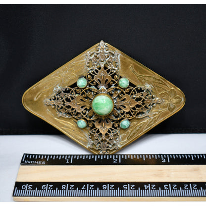 Vintage Brass Sash Pin, Green Marbled Cabochon, Early 1900s Vintage Jewelry