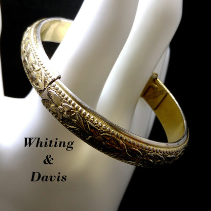 Whiting & Davis Hinged Floral Bracelet, Gold Plated, 1960s Vintage Jewelry