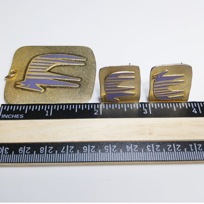 Laurel Burch "Striped Beast" Pendant & Earrings, Brass Purple Enamel, 1980s