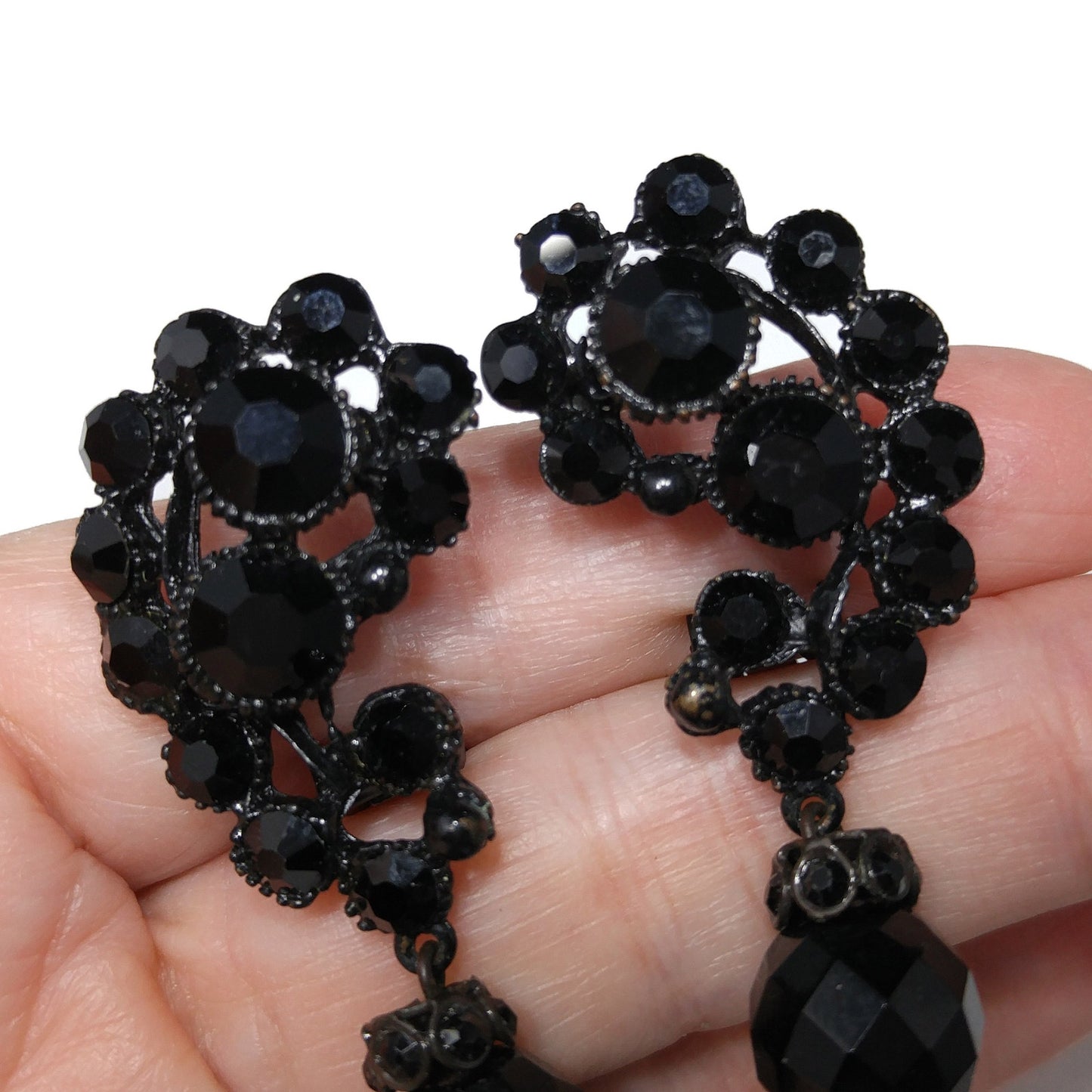 Vintage 1950s Japanned Black Crystal Rhinestone Drop Earrings