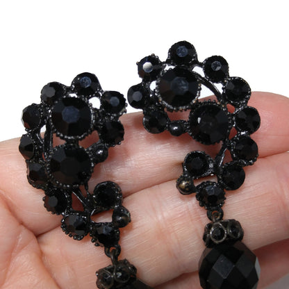 Vintage 1950s Japanned Black Crystal Rhinestone Drop Earrings