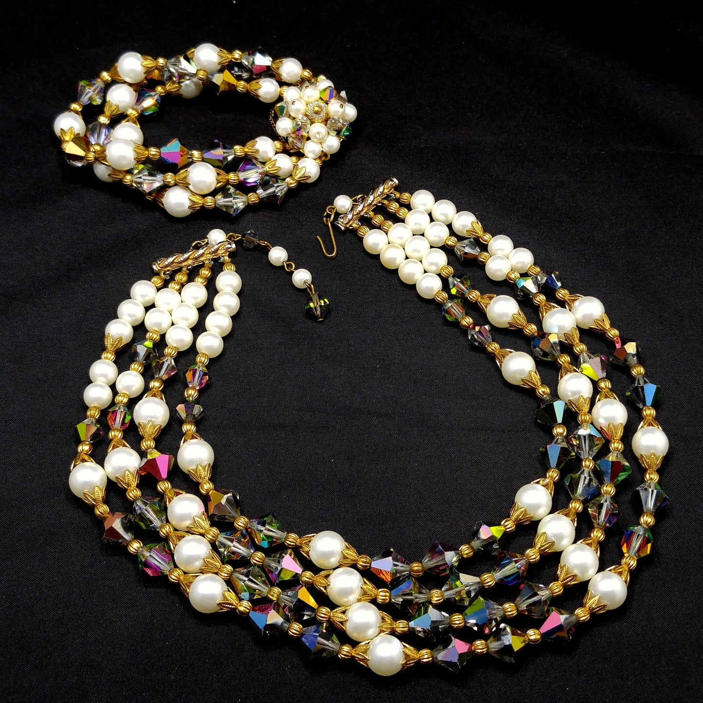 Alice Caviness Necklace & Bracelet Set, Aurora Borealis Crystal Faux Pearl Beads, 1960s Vintage Jewelry