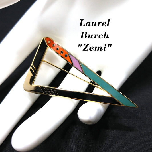 Vintage Laurel Burch "Zemi" Geometric Brooch, Triangle, Gold Plated, 1980s