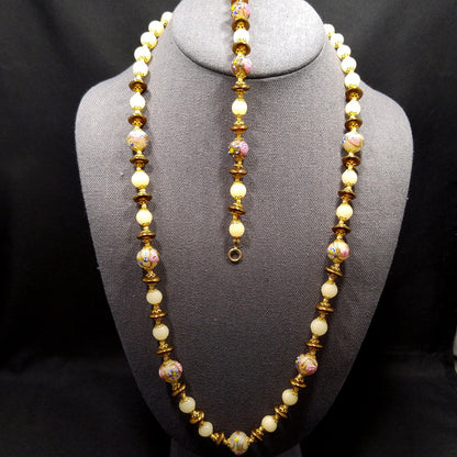 Wedding Cake Venetian Glass Beaded Necklace & Bracelet, Hand Knotted, Murano Lampwork, 1980s Vintage Jewelry