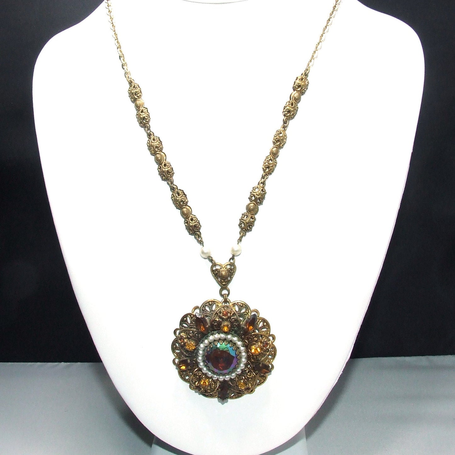 West Germany Carnival Glass Topaz Rhinestone Necklace, Faux Pearls, Filigree 1950s Vintage Jewelry