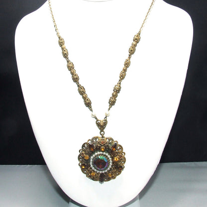 West Germany Carnival Glass Topaz Rhinestone Necklace, Faux Pearls, Filigree 1950s Vintage Jewelry