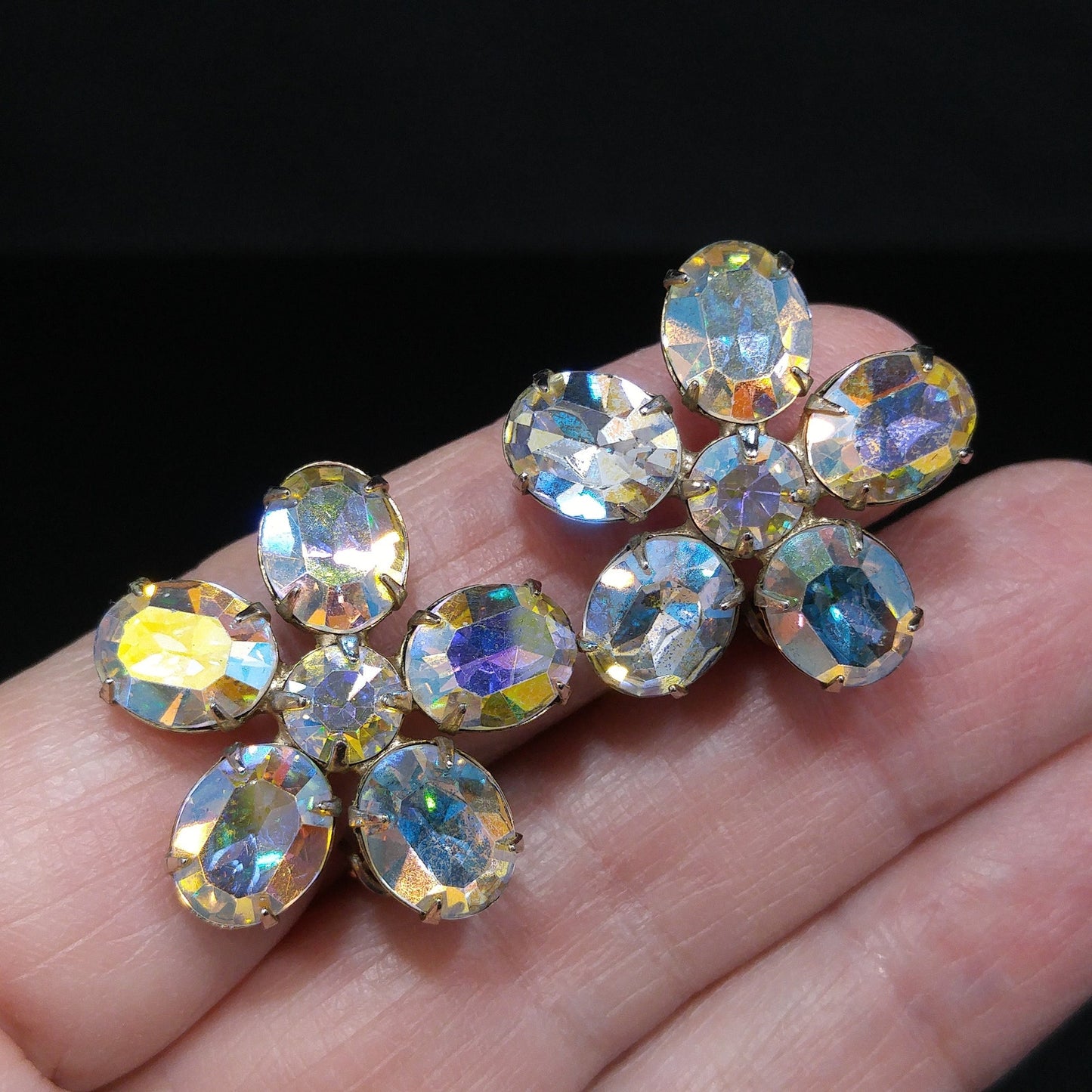 Weiss Aurora Borealis Clear Rhinestone Earrings, Flower Clip Earrings, 1950s Vintage Jewelry
