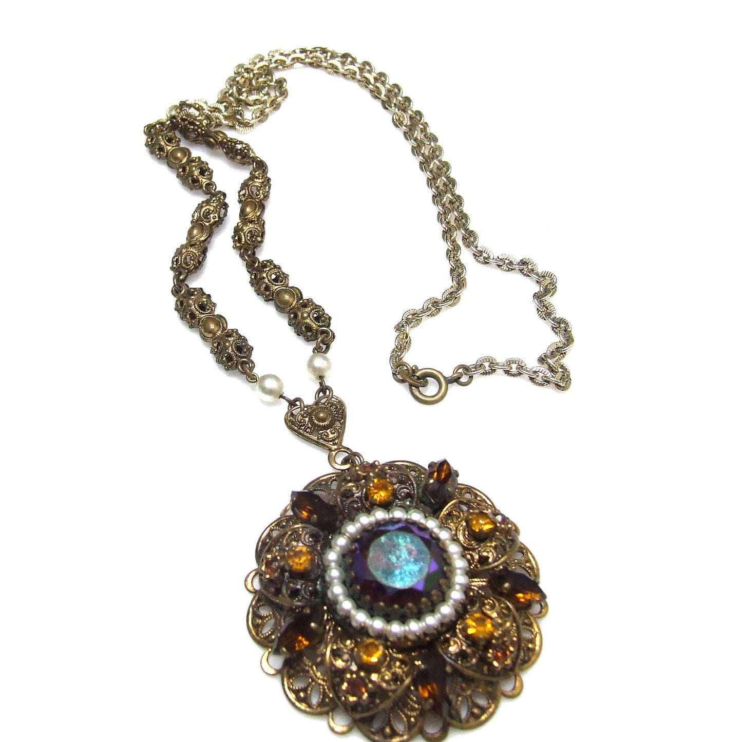 West Germany Carnival Glass Topaz Rhinestone Necklace, Faux Pearls, Filigree 1950s Vintage Jewelry