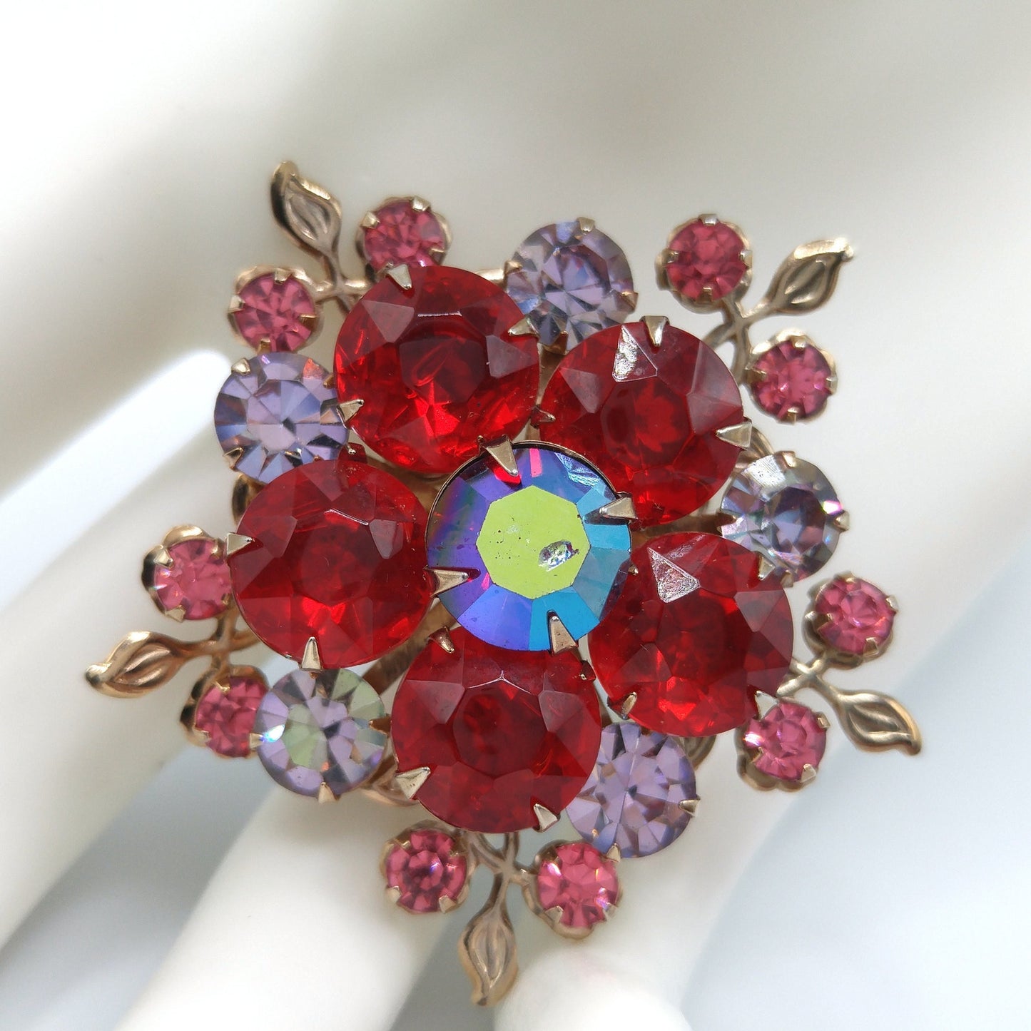 Aurora Borealis Red Pink Lavender Floral Brooch, Riveted Construction, Gold Tone, 1950s Vintage Jewelry
