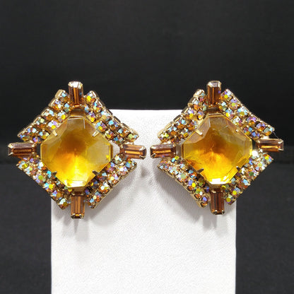 Mid-Century Modern Large Topaz Glass Brooch & Earrings, Gold Plated, 1960s Vintage Jewelry