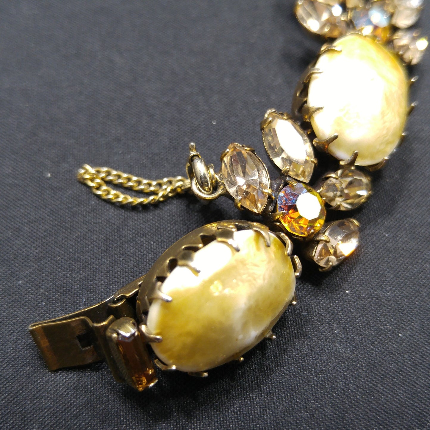 Regency Baroque Pearl Necklace Bracelet Set, Light Topaz AB Rhinestones, 1950s Vintage Jewelry