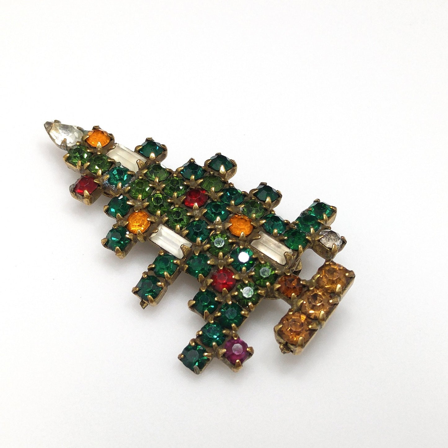 Weiss Christmas Tree Brooch, Three Baguette Candles, Book Piece, 1950s Vintage Jewelry