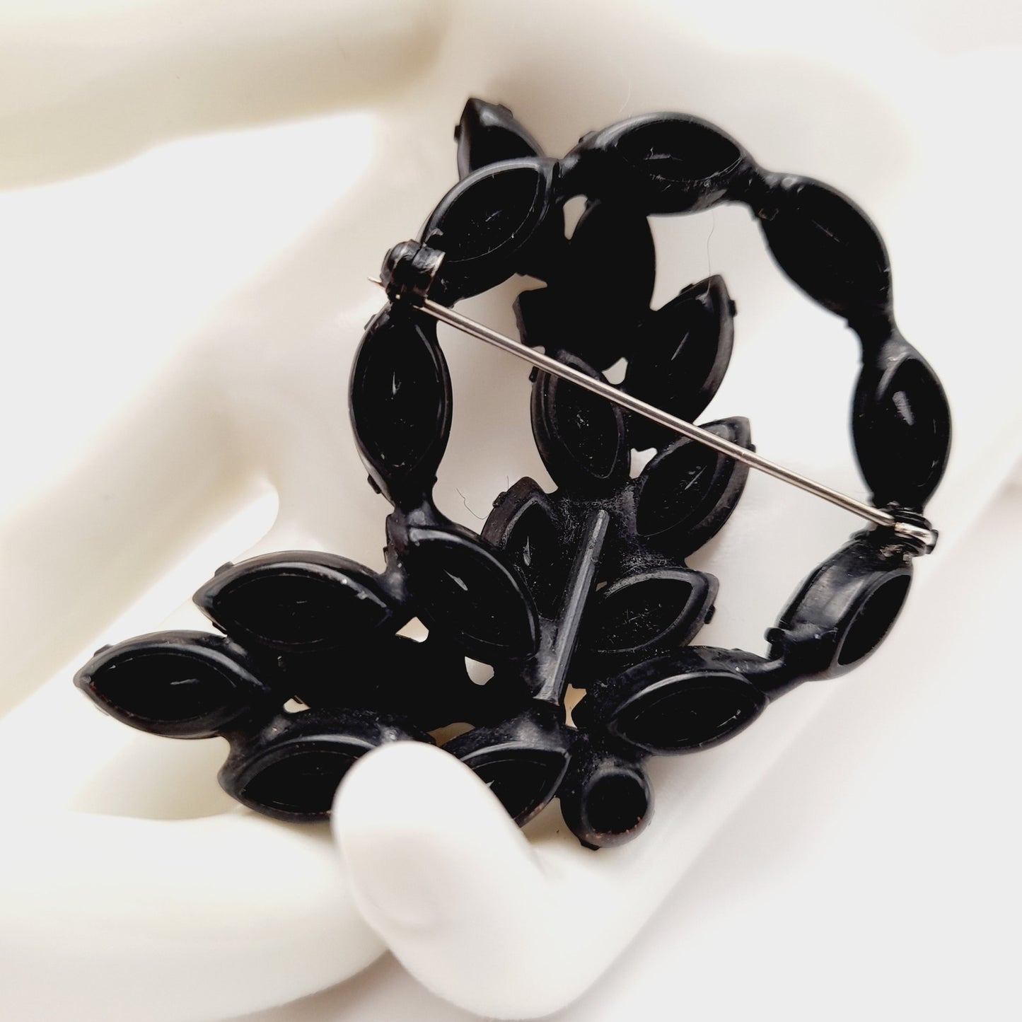 Vintage Black Rhinestone Wreath Floral 1960s Brooch, Japanned Black Enamel