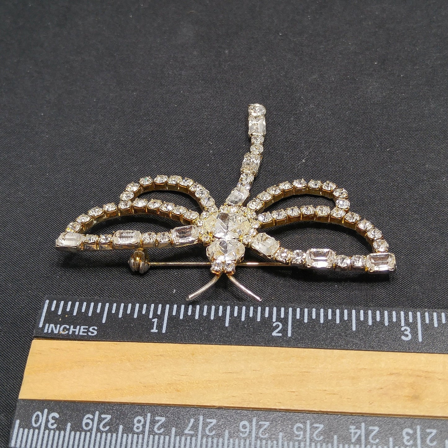 Clear Rhinestone Dragonfly Brooch, Mid-Century, Foil Back Stones, 1950s Vintage Jewelry