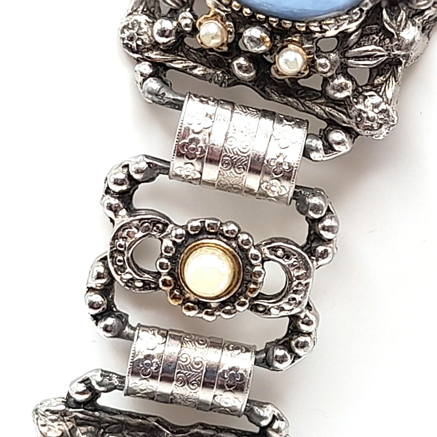 Vintage Blue Lucite Book Chain Bracelet, Faux Pearls, Silver Tone, 1950s, 7 3/4"