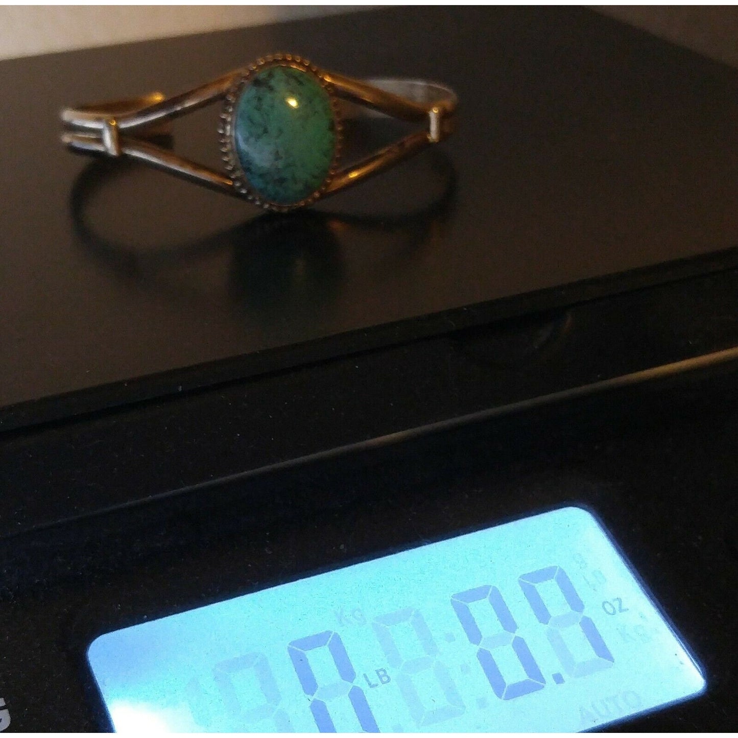 Sterling Silver Turquoise Cuff Bracelet, Signed "STERLING B", 1970s Vintage Jewelry
