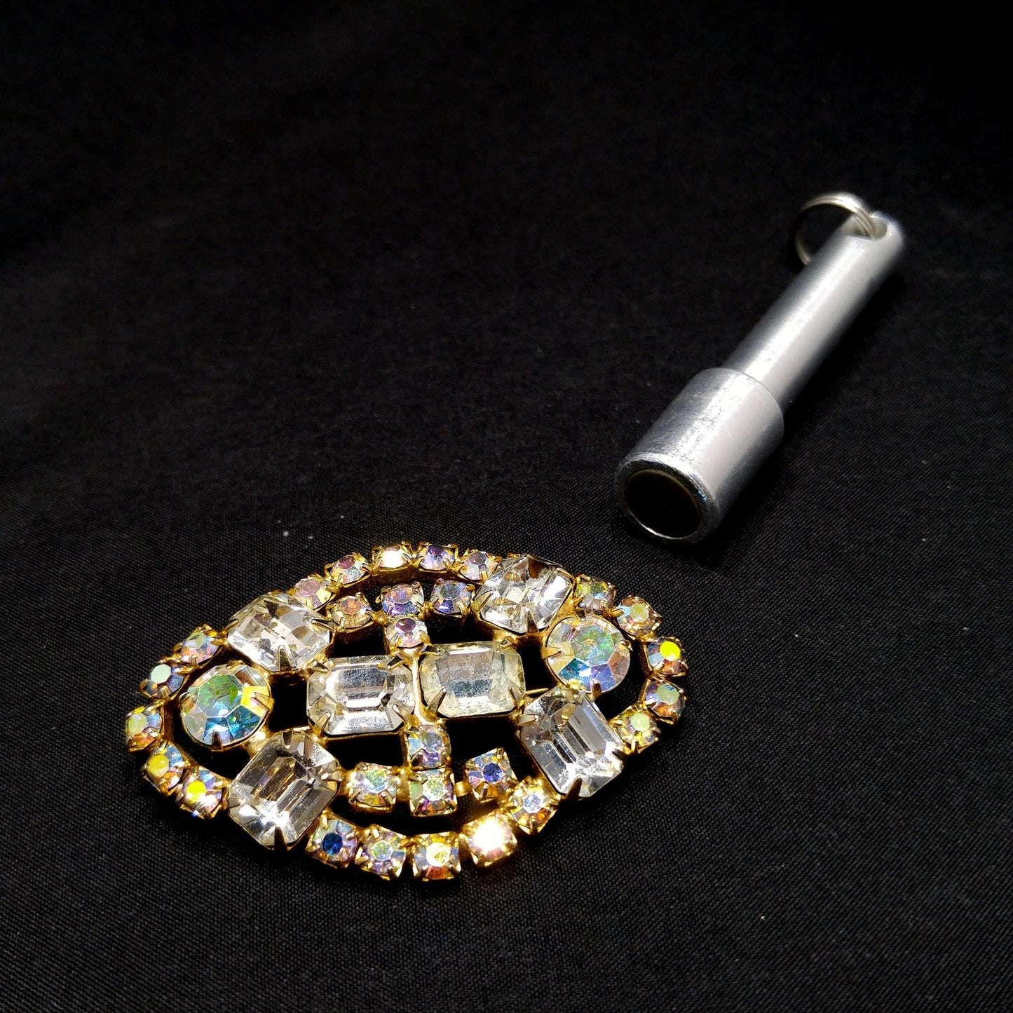 Clear Aurora Borealis Brooch, Gold Plated, 1960s Vintage Jewelry