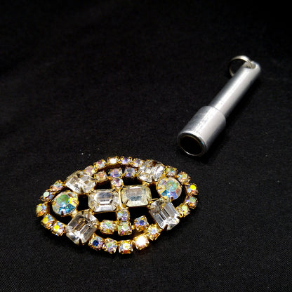 Clear Aurora Borealis Brooch, Gold Plated, 1960s Vintage Jewelry