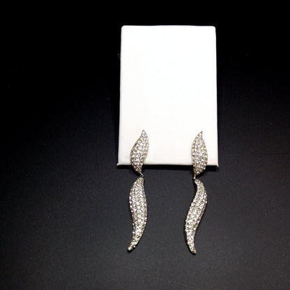 Vintage CINER Modernist Pave Clear Rhinestone Dangle Clip on Earrings, Rhodium Plated